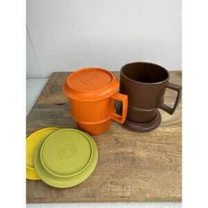 2 Vintage Tupperware Stackable Coffee Mugs  Cups 1312 Brown & Orange + 4 Lids